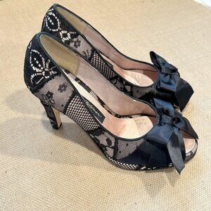 Beverly Feldman Shoes Womens 6 Lace Bow Peep Toe Heels Fishnet Whimsigoth